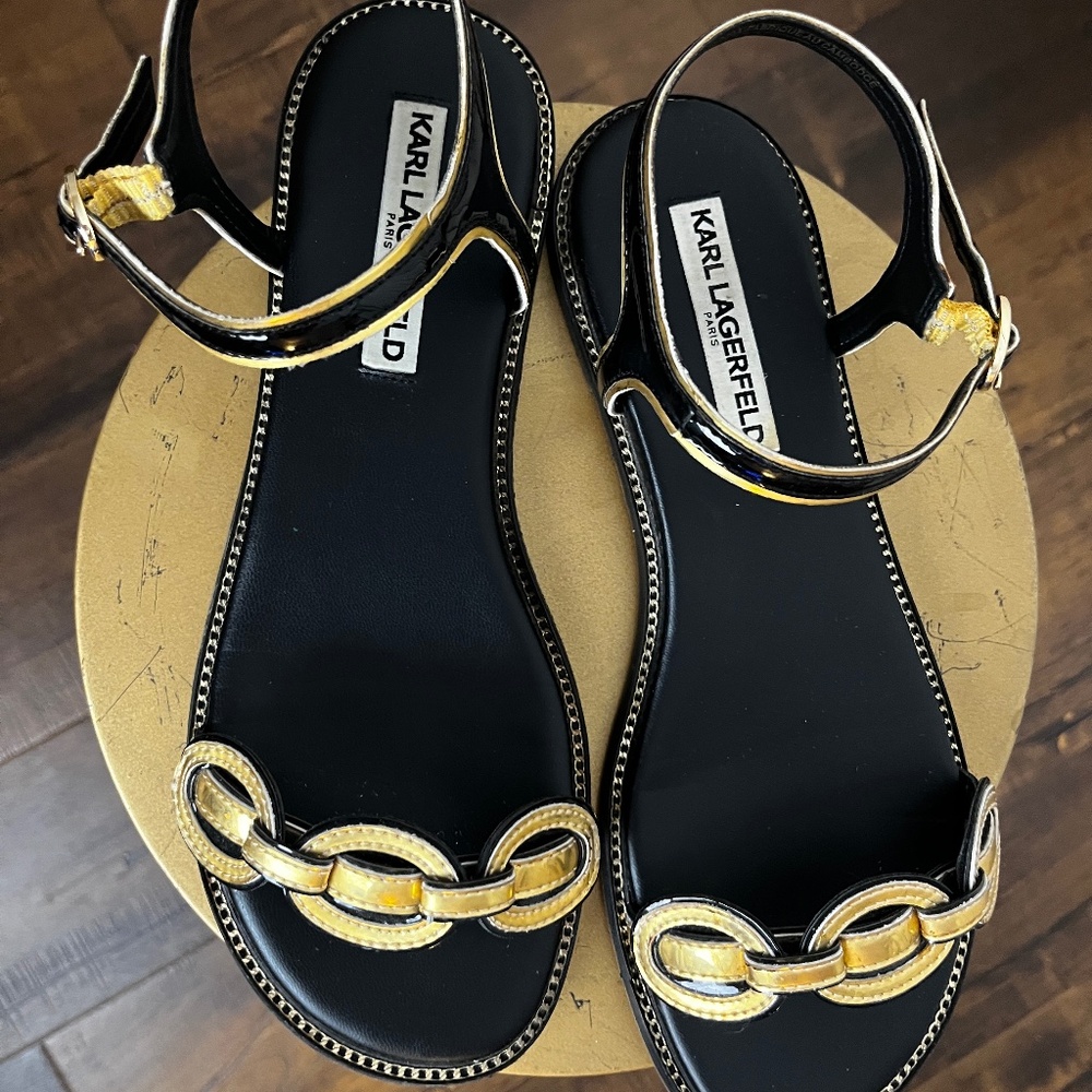 Karl Lagerfeld Black and Gold Sandals